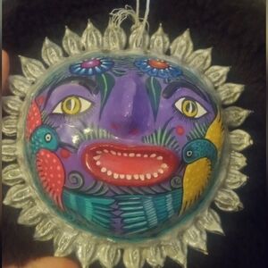 Vintage Mexican Folk Art Coconut Sun Mask - Hand Painted Hummingbird & Floral